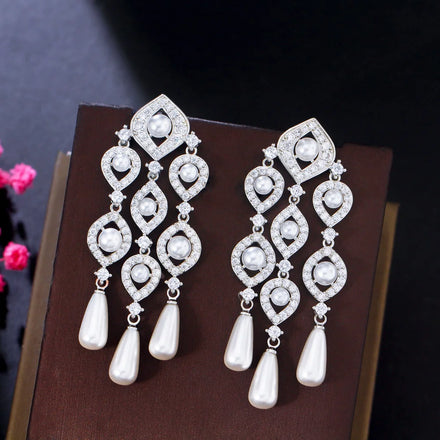 Luxury Sparkling White Cubic Zircon Big Long Tassel Chandelier Drop Dangle Bridal Wedding Pearl Earrings Jewelry Accessories