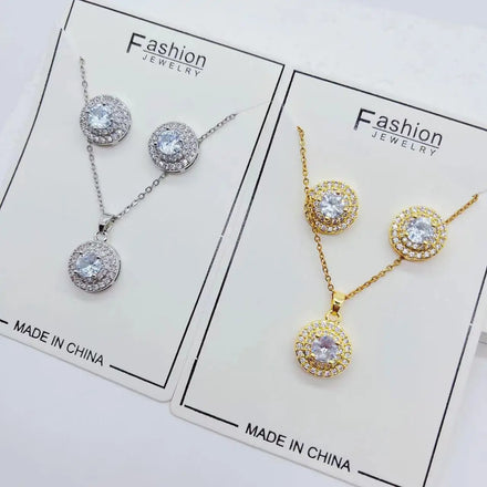 Good Quality 18k Gold Plated Jewelry Circular Drops of Water Shape Shiny Zircon Necklace and Earrings Set for Women