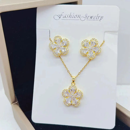 Fashion 8 Style Copper Flowers Colored Zircon Luxury Shiny Stud Earrings Necklace 3 Piece Suits Jewelry