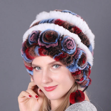 Genuine Rex Rabbit Fur Beanie Female Thick Plush Elastic Stretch Cozy Outdoor Cold Weather Cap