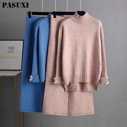 PASUXI Autumn Winter Thick Knitted Two Pieces Set Women Warm Half Turtleneck Pullover Sweater Wide Leg Pants Warm Sweater Suit