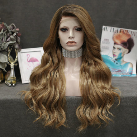 Celebrity Long Style OMBRE BROWN Color Body Wave Synthetic Hair Wigs Matte Heat Resistant Fiber Same Human Hair Lace Front Wig