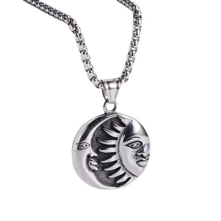 Vintage Jewelry Stainless Steel Sun Moon Pendant Necklace Men