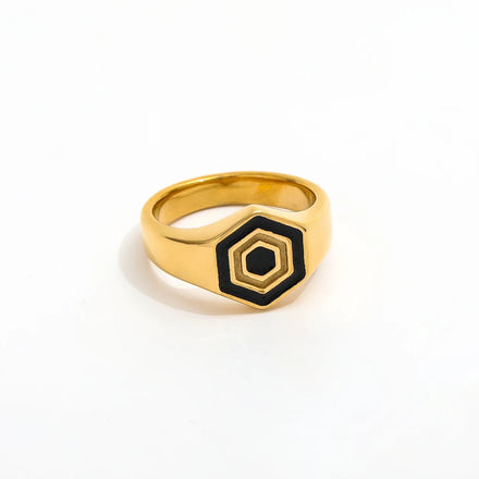 Fenny 18K Gold Plated Simple Non Tarnish Geometric Hexagon Black Ring Trend for Women Stainless Steel Wholesale Jewelry