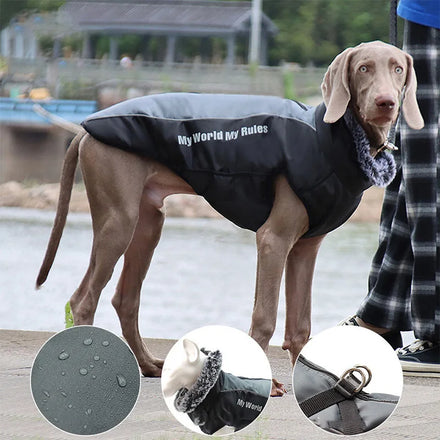 Winter Thickened Warm Cotton Reflective Safety Waterproof Dog Puffer Padded Jacket Fur High Collar Large Dog Coat with Harness