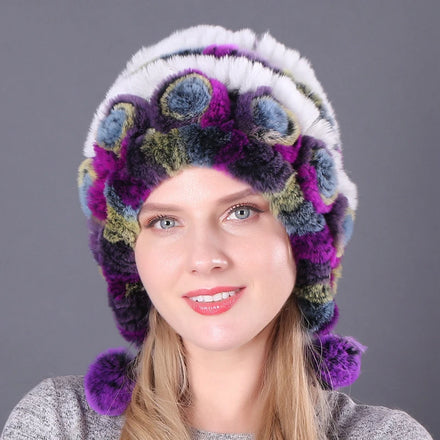 Luxury Silver Fox Trim Rabbit Hat Russian Style Elegant Floral Rose Design Winter Ladies Headgear