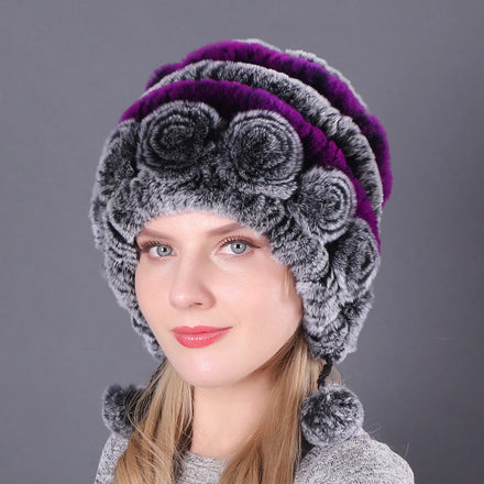 New Rex Rabbit Fur Braided Women's Hat Autumn and Winter Warm Hat Thickened Colored Lady's Knitted Caps