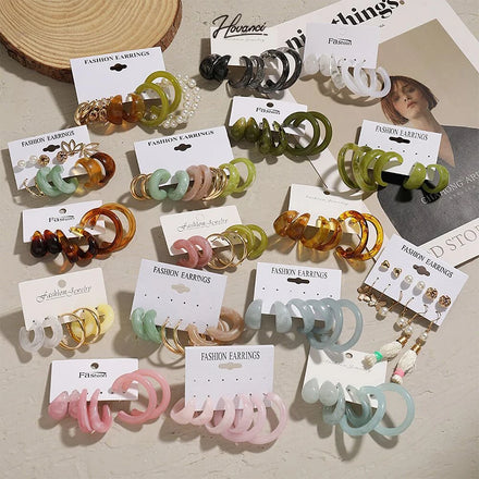 HOVANCI Vintage Geometric Transparent Earrings Resin Acrylic Circle Bohemian Macaron Candy Color Hoop Earrings Set