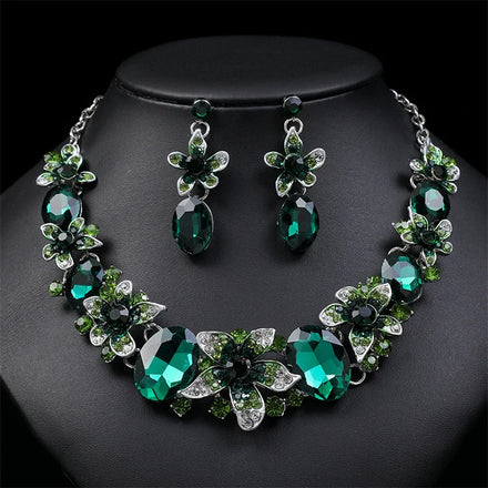 Wholesale New Exaggerated Flower Leaf Color Rhinestone Crystal Bride Wedding Necklace Earrings Jewelry Sets