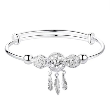 SC Hot Selling Tassel Charm Bracelets Bangles Women Adjustable Silver Round Beads Feather Dreamcatcher Bangles for Girls