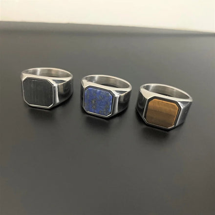 HOT VAF Natural Stone Signet Lapis Lazuli Tiger Eye Black Onyx Black Ring Anillos De Piedra Natural Batu Cincin