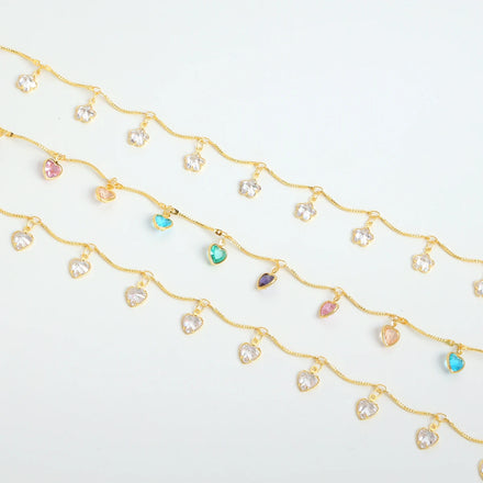 18K Gold Plated Brass Loose Chains Colored Necklace Chain Zircon plum Blossom Heart Chain
