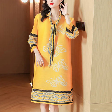 Summer New Casual Pleated Women's Retro Style Plus Size Solid Floor-Length Loose Streetwear Yellow Dress Factory Wholesale
