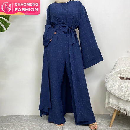 Fashion Three Piece Women Cardigan Set Muslim Open Abaya Sleeveless Top and Elastic Waist Loose Pant with Pockets Sets (1958)