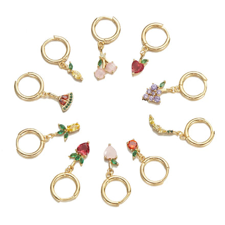 Fashion Brass Jewelry 18k Gold Plated Color Zirconium Women Drop Pendant Huggies Ear Grape Cherry Pineapple Fruit Cuff Earrings