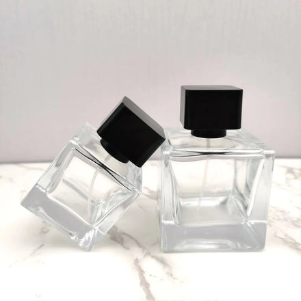 30ml 50ml 100ml Custom Classic Clear Frosted Luxury Square Mist Spray Empty Glass Perfume Bottle With Square Plastic Cap