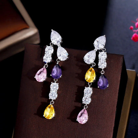 Shiny Cubic Zircon Crystal Multicolor Big Water Drop Silver Plated Long Dangly Earrings for Women Pageant Jewelry Accessories