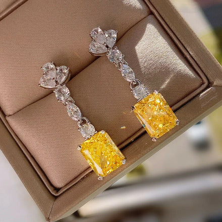 CAOSHI Wholesale Price Silver Color Bridal Wedding CZ Cubic Zirconia Yellow Rectangle Crystal Flower Long Drop Earrings