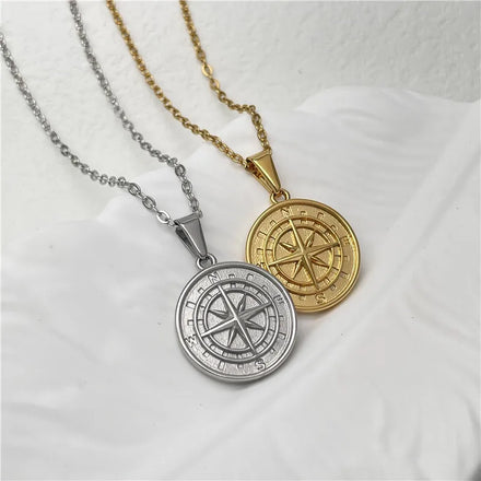 Vintage Trendy 18K Gold Plated Stainless Steel Compass North Star Pendant Necklace for Men-Nickel-Free Anniversary Engagement