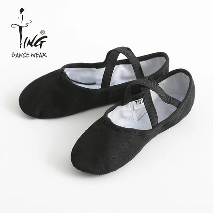 Kids Adults Lace-up Dance Shoes Leather Black Canvas Soft Ballet Shoes for Performance