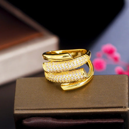 Unique Design Punk Half Irregular Shape Iced Out CZ Inlay 18k Gold Plated Chunky Resizable Finger Rings Jewelry for Women Party
