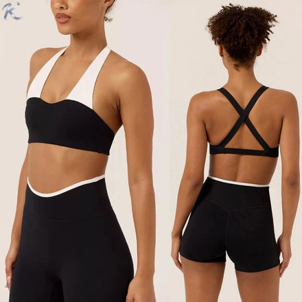 Women Contrast Binding Halter Cross Back Sports Bra Padded Workout Crop Top High Waist Butt Lift Biker Shorts Yoga Leggings