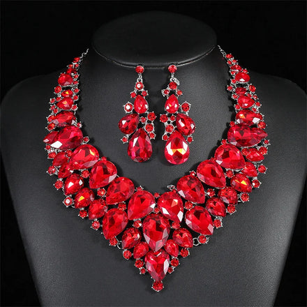 Hot Sale Exaggerated Luxury Fashion Water Drop Crystal Flower Bride Dress Statement Necklace Earring Set