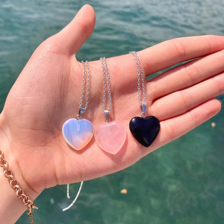 INS Style Natural Stone Obsidian Rose Quartz Stainless Steel Necklace Heart Pendant Necklace for Women Girls