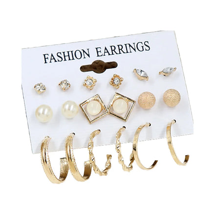 HOVANCI French Retro Stud Earrings Set Geometric Gold Silver Metal Circle Hoop Pearl Earrings Set