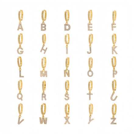 26 English Letter Ear Cuff Pendant Inlaid Zircon 18K Gold Plated Brass Jewelry Dainty Initial Alphabet Earrings for Women