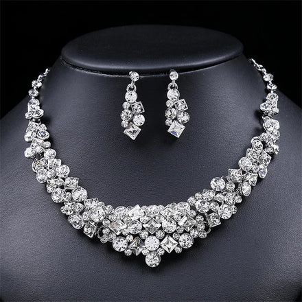 Hot Sale New Shiny Wedding Luxury Fashion White Square Round Diamond Necklace Earrings Women Bridal Jewelry Set