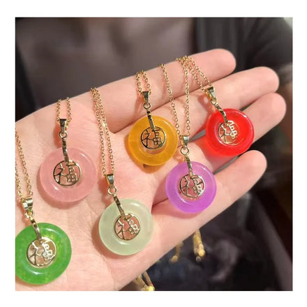 Wholesale 18K Gold Plated Jewelry Jade Stone Blessings Necklace Simple Peace Buckle Design Necklace for Women