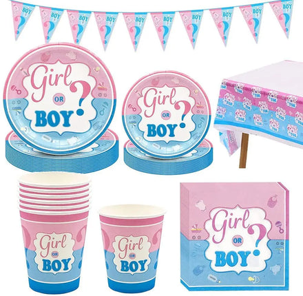 Gender Reveal Party Supplies Knife Fork Spoon Paper Cup Paper Plate Tablecloth Banner Napkin Set Wholesale