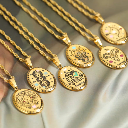 Statement French Jewelry Stainless Steel 18k Gold Plated Necklace Vintage 12 Zodiac Pendant Necklace for Women Men
