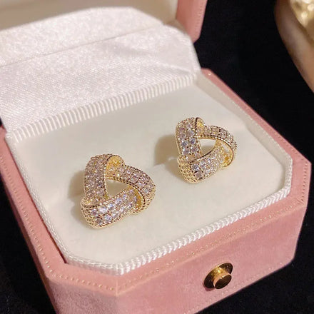 SC Korean Style Delicate 14K Gold Filled Earrings Jewelry Women Luxury Full Diamond Knotted Triangle Stud Earrings for Girls