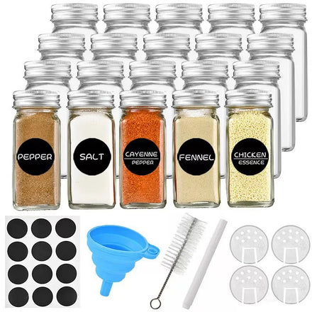 Glass Spice Jars & Bottles 120ml with Spice Labels Empty Square Containers Condiment Pot Shaker Lids Airtight Metal Lid Salt