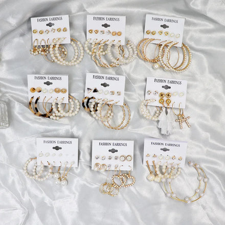 HOVANCI Gold Plated Hoop Earrings Set Vintage Pearl Twist Geometric Ladies Pearl Punk Earrings Set