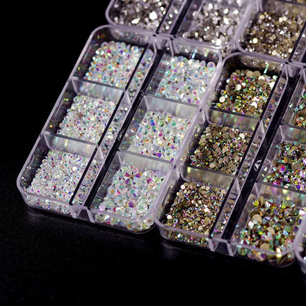 6 Grids Mixed Size Sparkle Flat Back Colorful Glass Crystals Diamond Stone Nail Rhinestones Set for Nail Art
