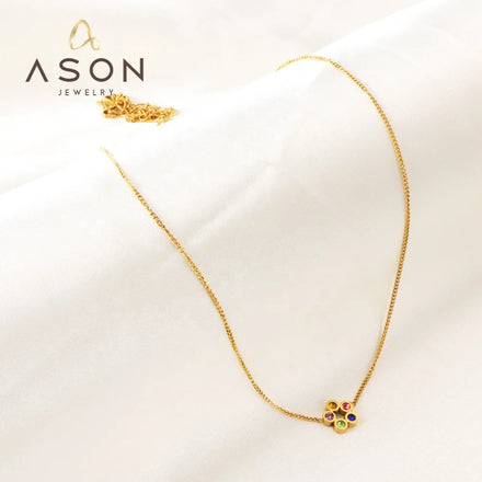 Ason New Arrival Wholesale Price Fashion Mixed-Color Zircon Flower Pendant Stainless Steel Jewelry Necklace