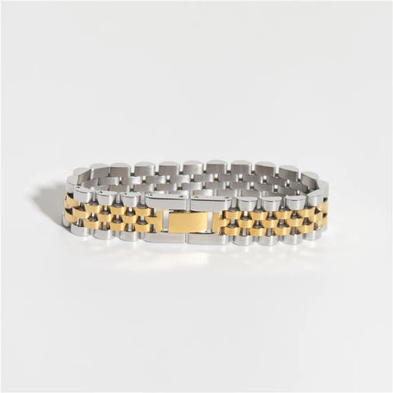13mm High End Adjustable Trendy Bold 18k PVD Gold Plated 2 Tones Chunky Band Stainless Steel Bracelet