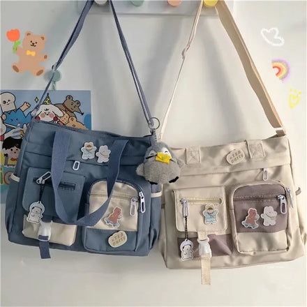 Cute Large Capacity Tote Bag Female Small Badge Portable Travel Shoulder Bag for Girls