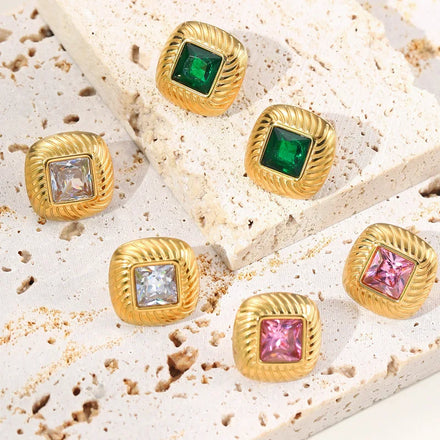 Factory Luxury Classical Square Stainless Steel Gold Plated Earrings Women Men Simple Colorful Zircon Stud Earrings Jewelry