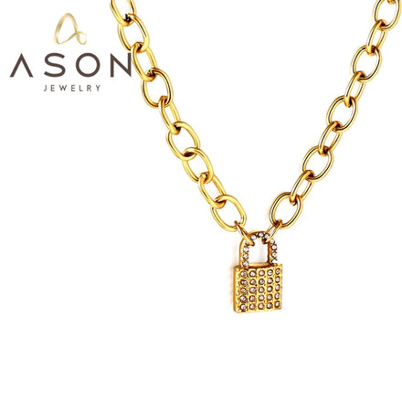 Ason Jewelry Wholesale Price 18K Gold Plated Necklace Stainless Steel Lock Shape Zircon Pendant Necklace