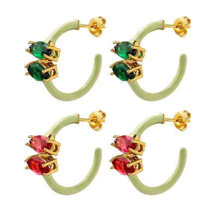 Designer Earrings Red Green Zircon Stainless Steel Oil Drop Ring Earrings for Women