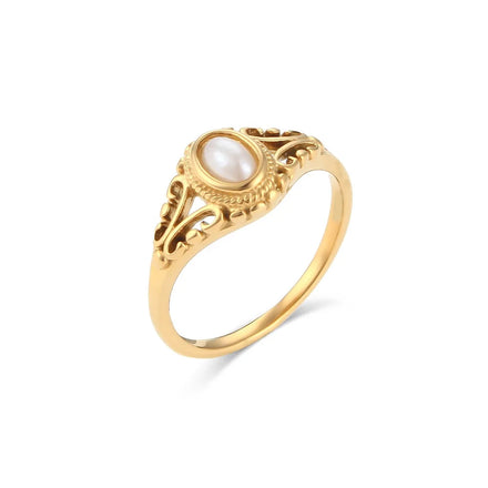 Fashion 18k Pvd Gold Plated Hollow Texture Natural Freshwater Pearl Stainless Steel Tarnish Free Oval Round Pearl Ring