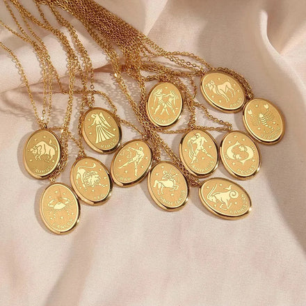 Mid-century Art Sweater Chain Stainless Steel Gold Plated Necklace Vintage Oval 12 Zodiac Necklace for Women Men