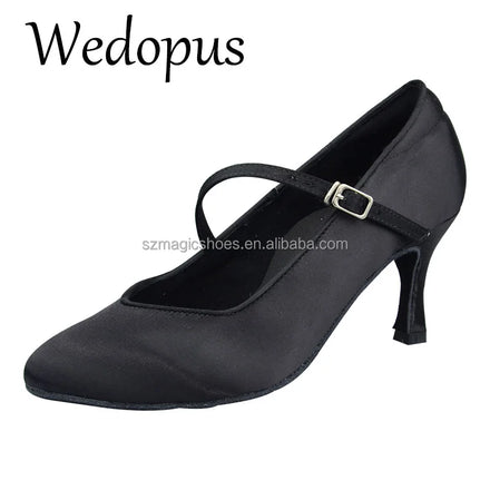 Wedopus Closed Dance Shoes Black Satin Thin Heel 7.5CM Customized Heel