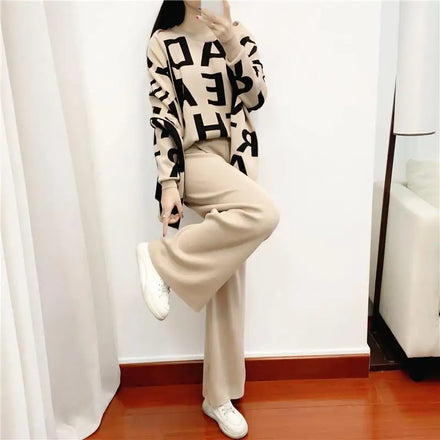 Boutique Wholesale Knitted Autumn and Winter 2026 New Sweater Temperament Wide Leg Pants Women's Sets