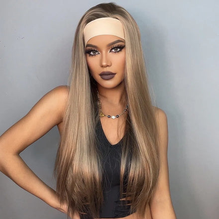 Factory Direct MOQ1 Long Straight Brown Blonde Synthetic Headband Wigs for Black Women Golden Hair Wigs Daily Use Heat Resistant