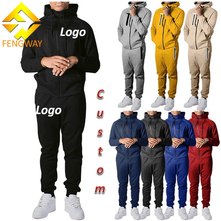 Fengway Custom Solid Color Mens Track Suit Autumn Two Piece Jogger Set Sport Casual Zipper Hoodie Quick Dry